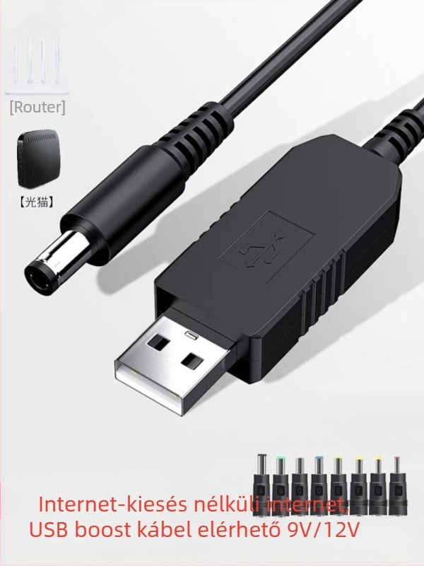 USB tápfeszültség-növelő kábel 9V/12V bemenettel, DC 5.5×2.1 mm-es kimenettel és 8 DC interfésszel