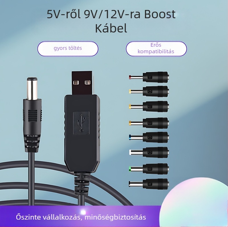 USB tápfeszültség-növelő kábel 9V/12V bemenettel, DC 5.5×2.1 mm-es kimenettel és 8 DC interfésszel