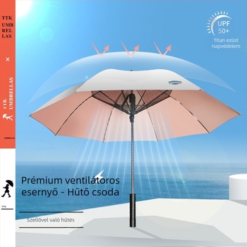 TTK többfunkciós ventillátoros esernyő – automatikus nyitás, 8 bordás vázzal, alumínium szár, ABS fogantyú, 190T vászon, hosszú nyél