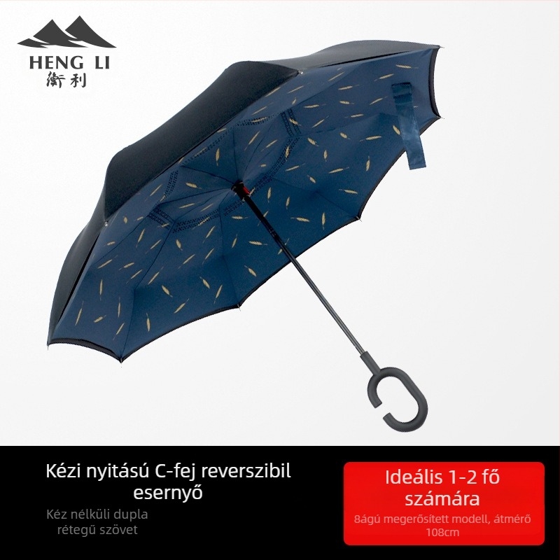 Autóhoz szánt hátrafelé nyíló esernyő, dupla rétegű, manuális nyitás, 8 borda, logó nyomtatás