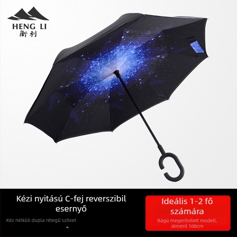 Autóhoz szánt hátrafelé nyíló esernyő, dupla rétegű, manuális nyitás, 8 borda, logó nyomtatás