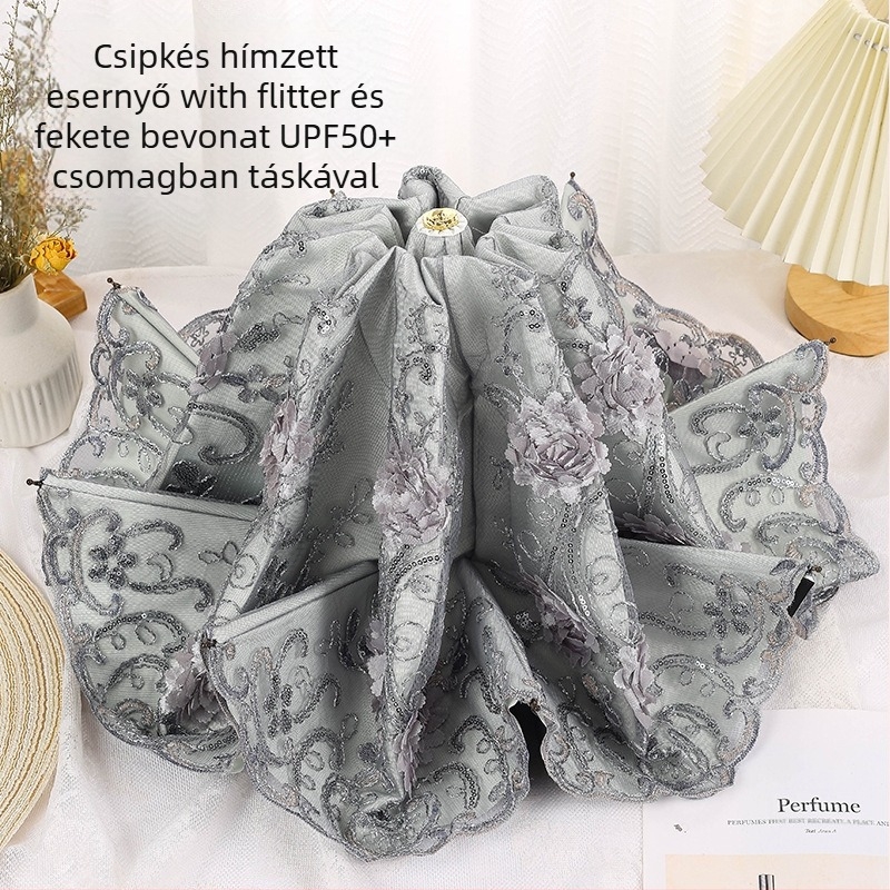 Női esernyő napsütésre és esőre, csipke hímzéssel, vinil bevonattal, UPF>50, 8 bordák, 190T anyag, manuális zárás