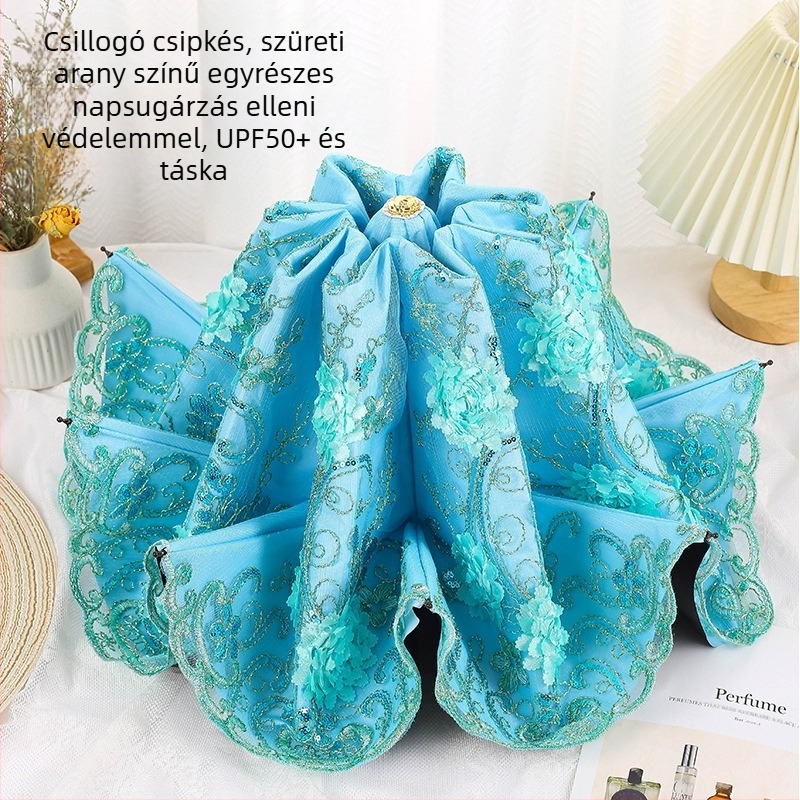 Női esernyő napsütésre és esőre, csipke hímzéssel, vinil bevonattal, UPF>50, 8 bordák, 190T anyag, manuális zárás