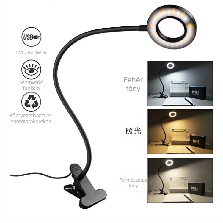 USB-ellátású LED klipszlámpa érintéses vezérléssel, CRI ≥90, fém árnyékoló, CE tanúsítvány