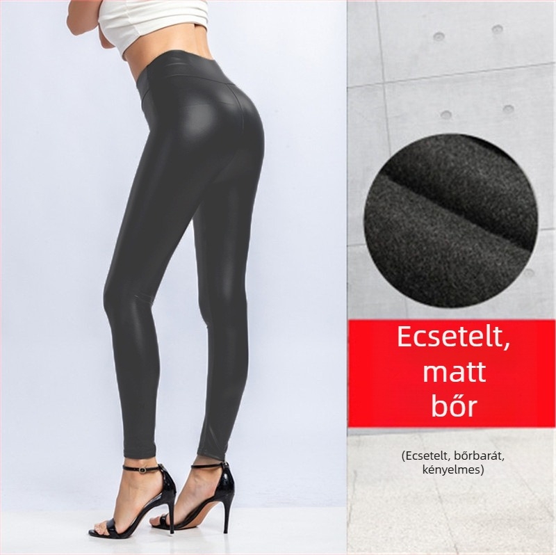 Női PU bőr leggings, magas derék, elasztikus szűk fazon, meleg, őszi-téli
