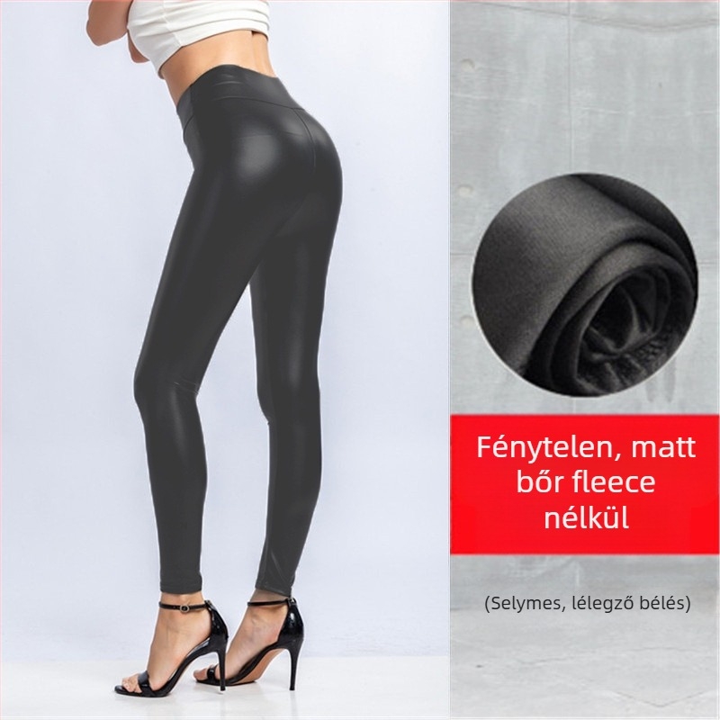 Női PU bőr leggings, magas derék, elasztikus szűk fazon, meleg, őszi-téli