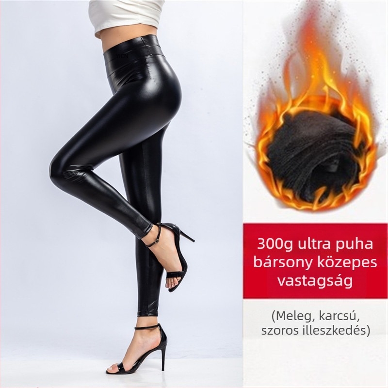 Női PU bőr leggings, magas derék, elasztikus szűk fazon, meleg, őszi-téli