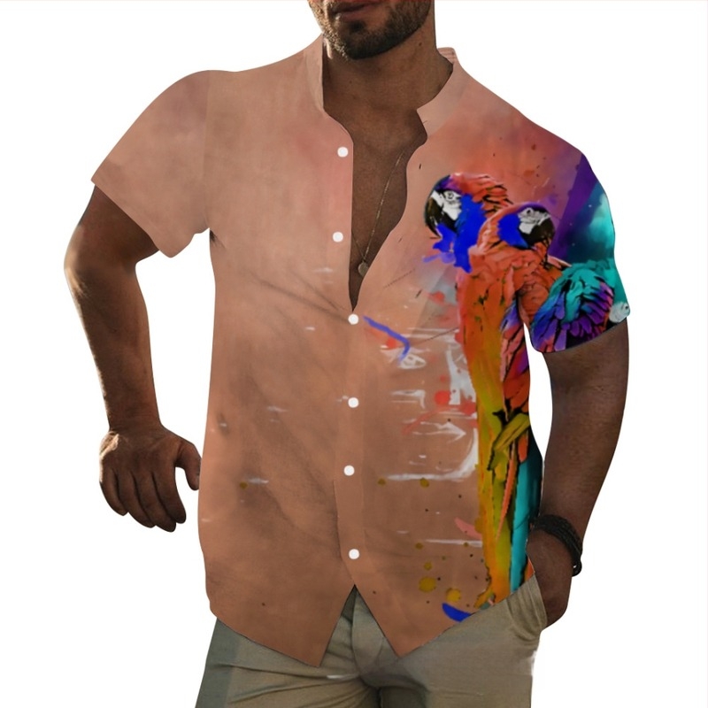 Férfi hawaii-ing álló gallérral, állatmintás, rövid ujjú, laza szabás, digitális nyomtatás, 96% poliészter