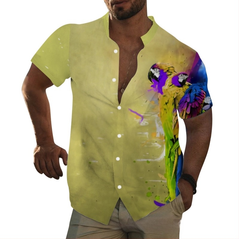 Férfi hawaii-ing álló gallérral, állatmintás, rövid ujjú, laza szabás, digitális nyomtatás, 96% poliészter