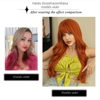 Női paróka egyenes frufruval és hullámos hajjal; hőálló szálakból készült; festhető vagy dauerolható.
