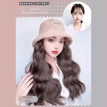 Női paróka integrált téli meleg sapkával juhgyapjúból, koreai stílus, közepes–hosszú haj, hőálló huzal