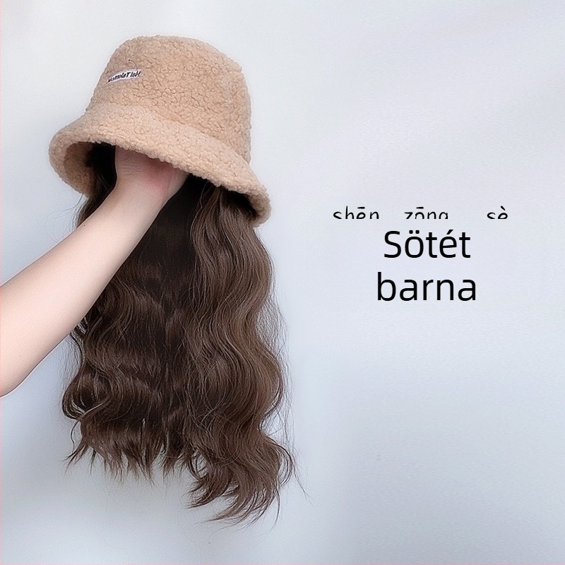 Női paróka integrált téli meleg sapkával juhgyapjúból, koreai stílus, közepes–hosszú haj, hőálló huzal