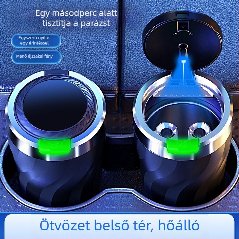 Autóba való hamutál egy gombnyomásra nyíló fedéllel és világítással, univerzális modell, injekciós öntésű műanyagból