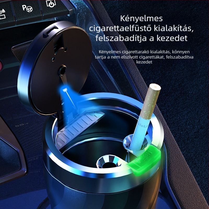 Autóba való hamutál egy gombnyomásra nyíló fedéllel és világítással, univerzális modell, injekciós öntésű műanyagból