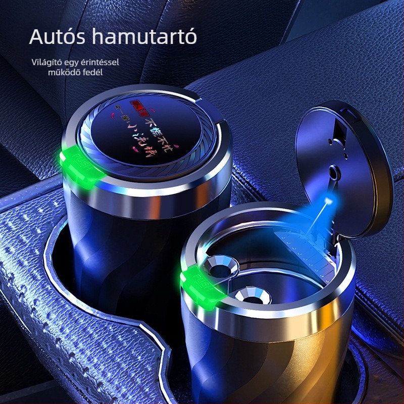 Autóba való hamutál egy gombnyomásra nyíló fedéllel és világítással, univerzális modell, injekciós öntésű műanyagból