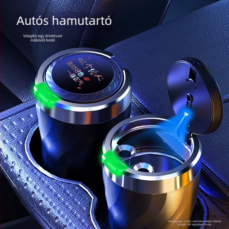 Autóba való hamutál egy gombnyomásra nyíló fedéllel és világítással, univerzális modell, injekciós öntésű műanyagból