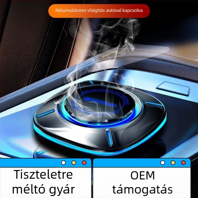 Autó illatosító ambient fényekkel; Gardenia illat; 10–20 ml tartalom; PC anyag; üléshez való elhelyezés; illat tartósság >90 nap