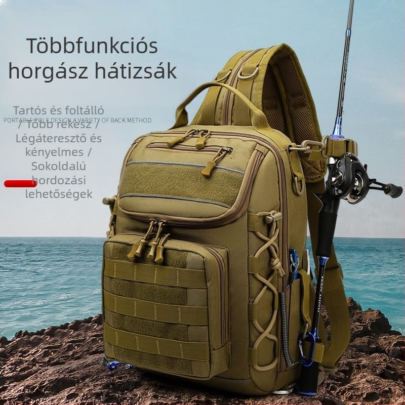 Kültéri kamufláziás táska, kettős vállhasználattal, nagy kapacitású túrázáshoz és horgászathoz.