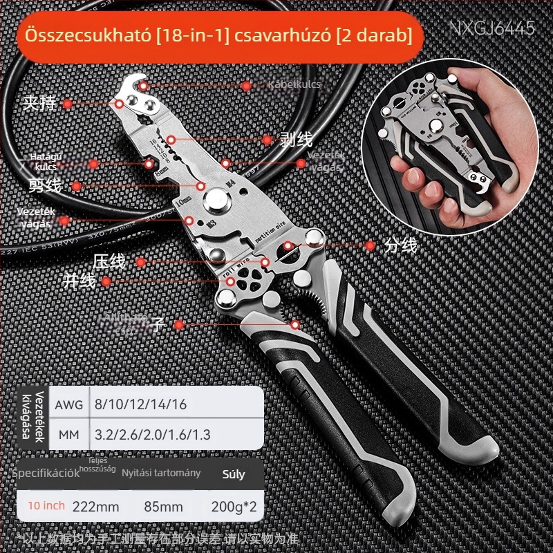 Összecsukható vezetékleválasztó és crimpelő fogó – villanyszerelő, kézi, sokfunkciós, Haoqi