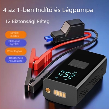 Hordozható autó levegő pumpa vészhelyzeti energiaellátással — 14,8V, 100W, 25 L/min, digitális kijelző, gumiabroncsnyomás-mérő