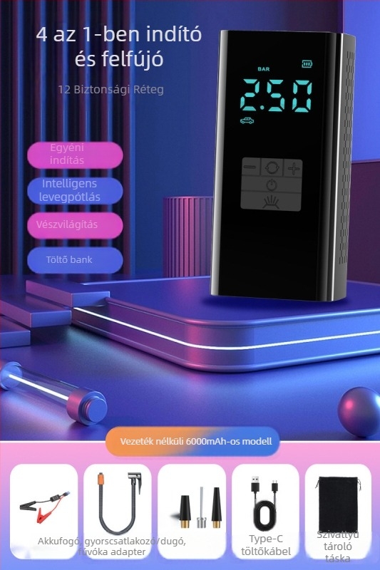Hordozható autó levegő pumpa vészhelyzeti energiaellátással — 14,8V, 100W, 25 L/min, digitális kijelző, gumiabroncsnyomás-mérő