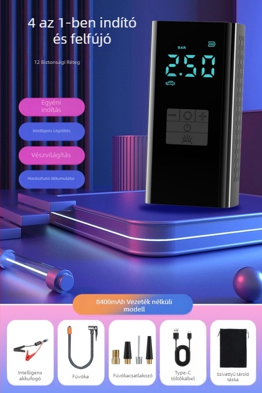 Hordozható autó levegő pumpa vészhelyzeti energiaellátással — 14,8V, 100W, 25 L/min, digitális kijelző, gumiabroncsnyomás-mérő