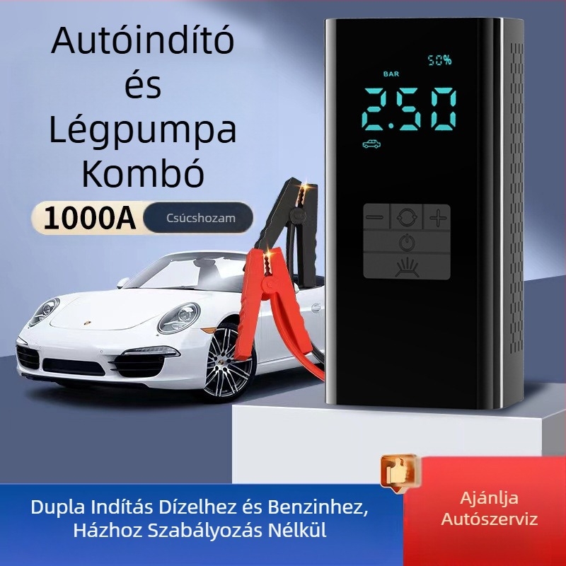 Hordozható autó levegő pumpa vészhelyzeti energiaellátással — 14,8V, 100W, 25 L/min, digitális kijelző, gumiabroncsnyomás-mérő