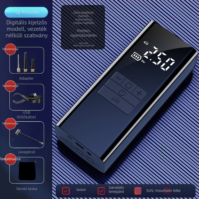 Hordozható autó levegő pumpa vészhelyzeti energiaellátással — 14,8V, 100W, 25 L/min, digitális kijelző, gumiabroncsnyomás-mérő