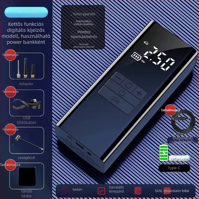 Hordozható autó levegő pumpa vészhelyzeti energiaellátással — 14,8V, 100W, 25 L/min, digitális kijelző, gumiabroncsnyomás-mérő