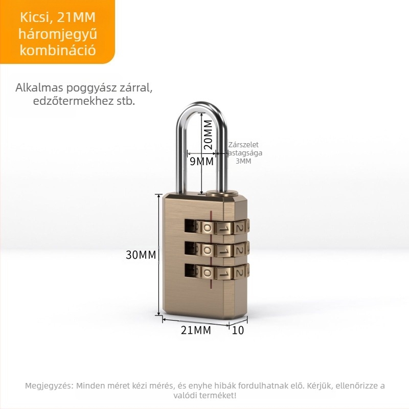 3 kerékes numerikus kombinációs poggyász zár, réz anyagból, modell: kisméretű háromkerekű, zárókar vastagsága 3 mm, rudak közötti távolság 21 mm, típus: számjegyes, stílus: modern minimalizmus