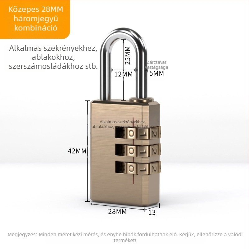 3 kerékes numerikus kombinációs poggyász zár, réz anyagból, modell: kisméretű háromkerekű, zárókar vastagsága 3 mm, rudak közötti távolság 21 mm, típus: számjegyes, stílus: modern minimalizmus