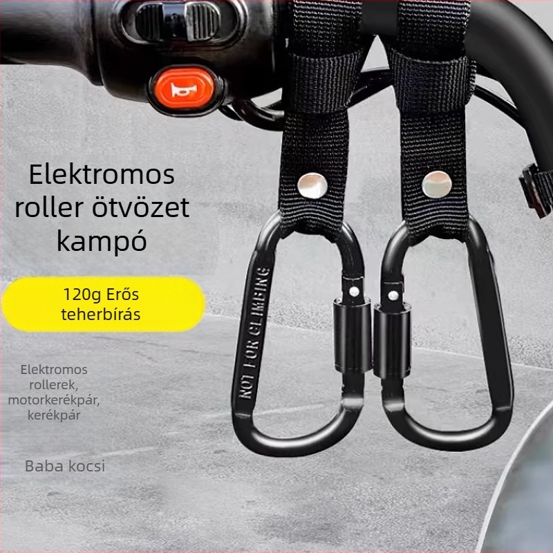 Elsőre felszerelhető univerzális kampó elektromos kerékpárok és motorkerékpárok számára — ötvözet, modern dizájn, sisak és tárgyak tárolása