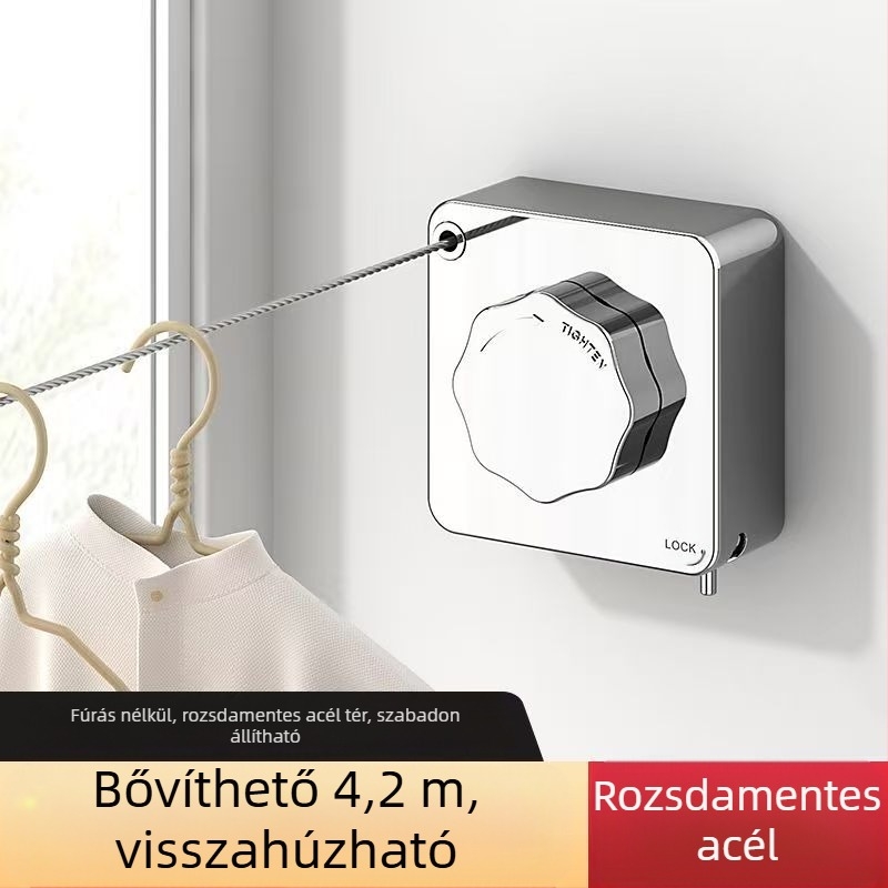 Erkélyi ruhaszárító, teleszkópos, fúrás nélküli falra szerelhető, 304 rozsdamentes acél sodrony, ABS + alumínium alap