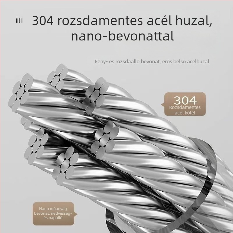 Erkélyi ruhaszárító, teleszkópos, fúrás nélküli falra szerelhető, 304 rozsdamentes acél sodrony, ABS + alumínium alap