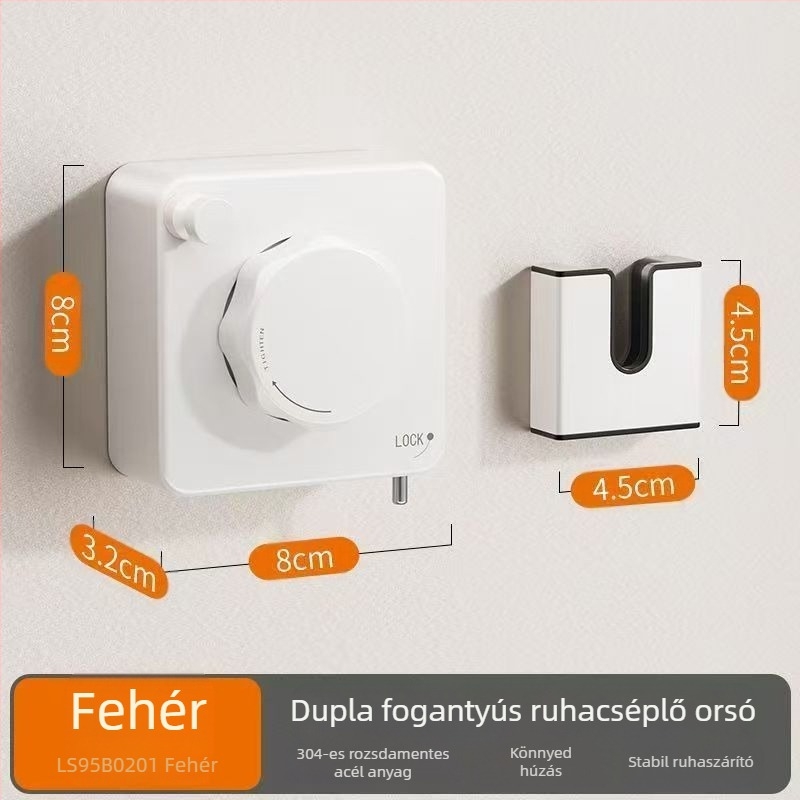 Erkélyi ruhaszárító, teleszkópos, fúrás nélküli falra szerelhető, 304 rozsdamentes acél sodrony, ABS + alumínium alap