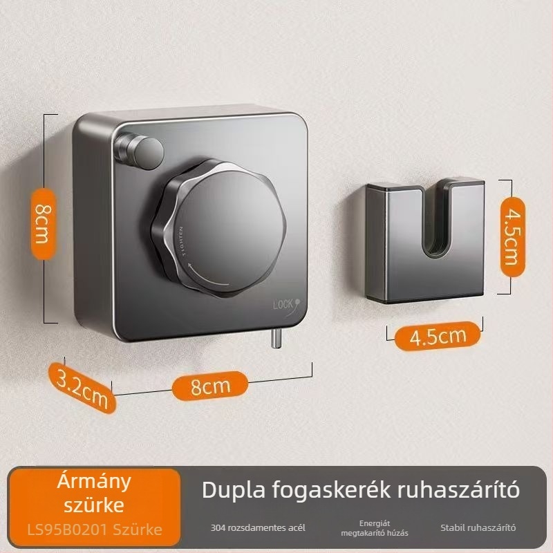 Erkélyi ruhaszárító, teleszkópos, fúrás nélküli falra szerelhető, 304 rozsdamentes acél sodrony, ABS + alumínium alap