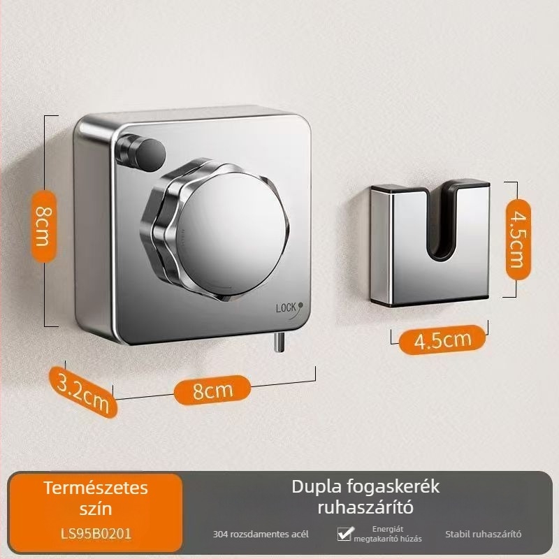 Erkélyi ruhaszárító, teleszkópos, fúrás nélküli falra szerelhető, 304 rozsdamentes acél sodrony, ABS + alumínium alap