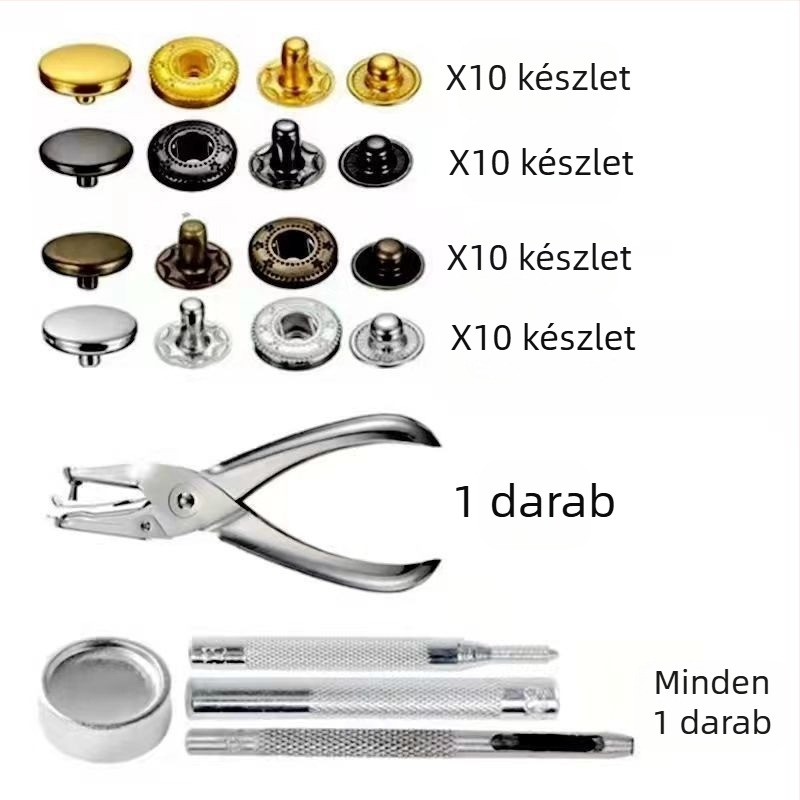 Phia Réz alapanyagú négyrészes csattal ellátott fém gombkészlet kabátokra, farmerokra, pulóverekre (Anyag: Réz; Szerkezet: Négy záróelem; Márka: Phia; Alkalmazás: Kabátok, Farmerok, Pulóverek)