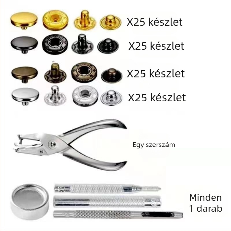 Phia Réz alapanyagú négyrészes csattal ellátott fém gombkészlet kabátokra, farmerokra, pulóverekre (Anyag: Réz; Szerkezet: Négy záróelem; Márka: Phia; Alkalmazás: Kabátok, Farmerok, Pulóverek)