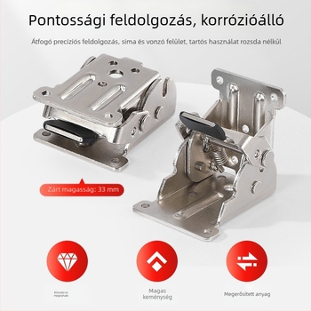 90°-os önzáró hajtózsanér bútorokhoz – asztalok és padok számára, magas szilárdságú acélból, gyártási folyamatok: bélyegzés, rivetálás és bevonatolás