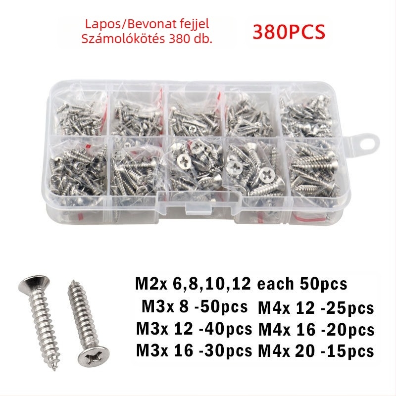 Disheng 304 rozsdamentes acél kúpos fejű öncsavaró csavarok készlet, fehér felületkezelés, termékminőség 4.8