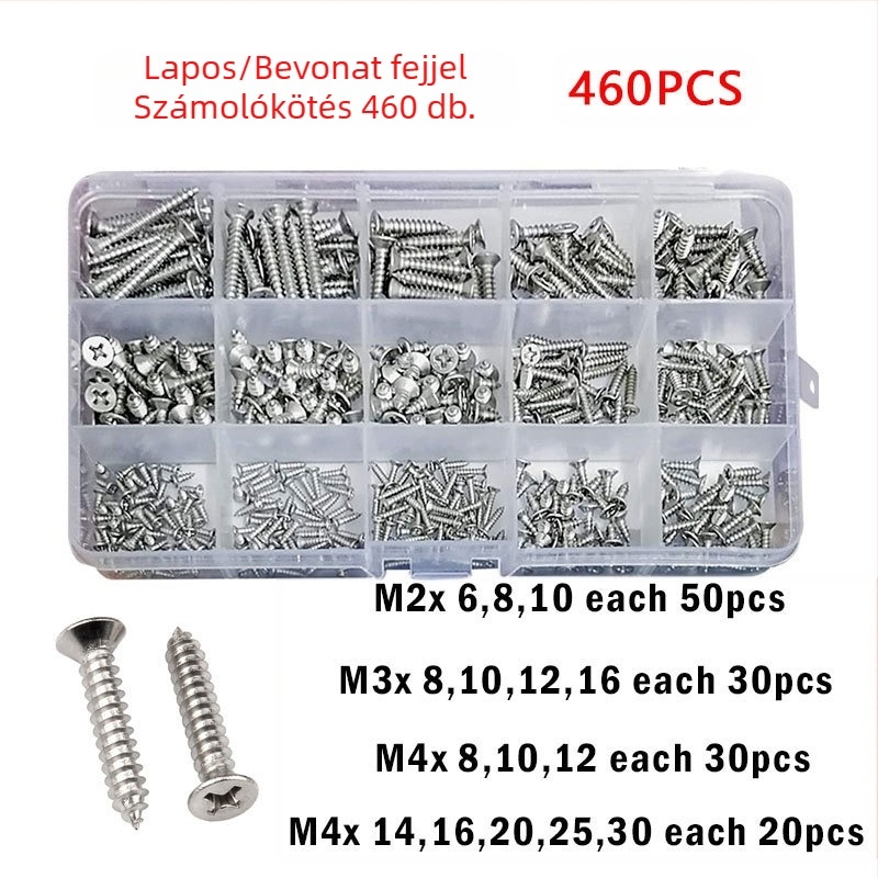 Disheng 304 rozsdamentes acél kúpos fejű öncsavaró csavarok készlet, fehér felületkezelés, termékminőség 4.8