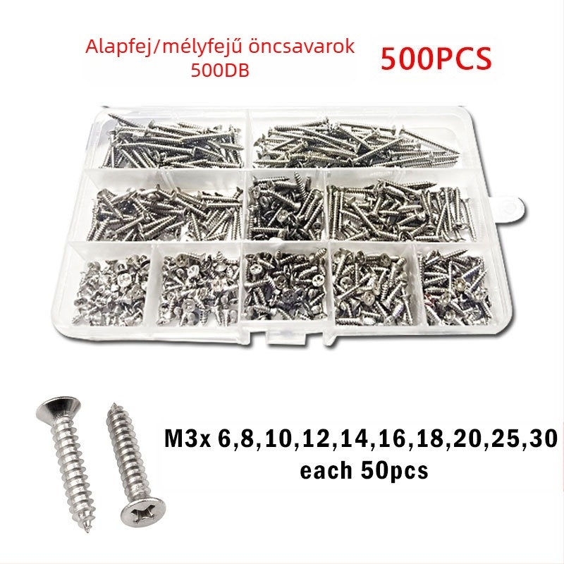 Disheng 304 rozsdamentes acél kúpos fejű öncsavaró csavarok készlet, fehér felületkezelés, termékminőség 4.8