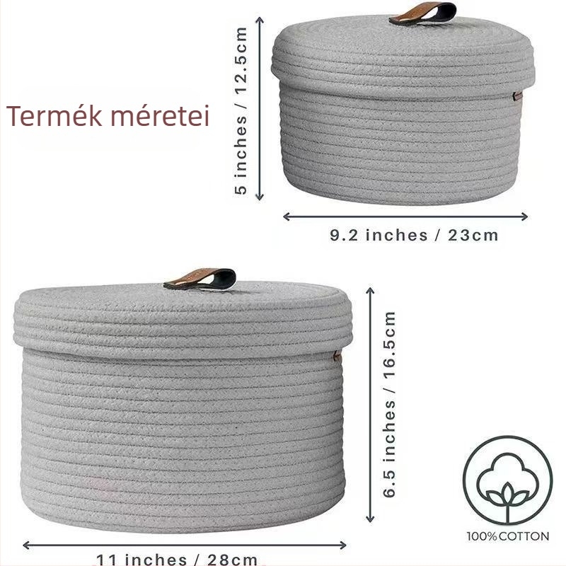 Egyszínű pamutkötélből készített tárolókosár fedővel, ideális kávéasztalra vagy íróasztalra, apró tárgyak és kozmetikumok rendezésére.