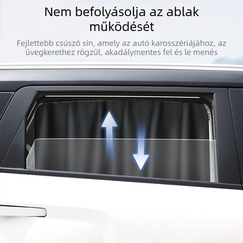 Autó hátsó oldalsó ablakának sín típusú árnyékolója; átlátszatlan poliészter, univerzális illeszkedés, akasztós kivitel