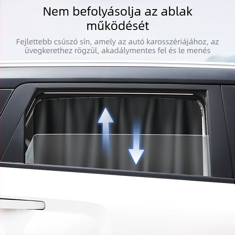 Autó hátsó oldalsó ablakának sín típusú árnyékolója; átlátszatlan poliészter, univerzális illeszkedés, akasztós kivitel