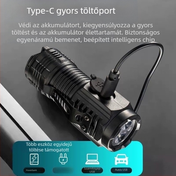 Three-eyed Monster zseblámpa – kézi hajtás, 2000mAh, 3.7V, LED + izzó, üzemidő 2 óra, sugár 100–200 m
