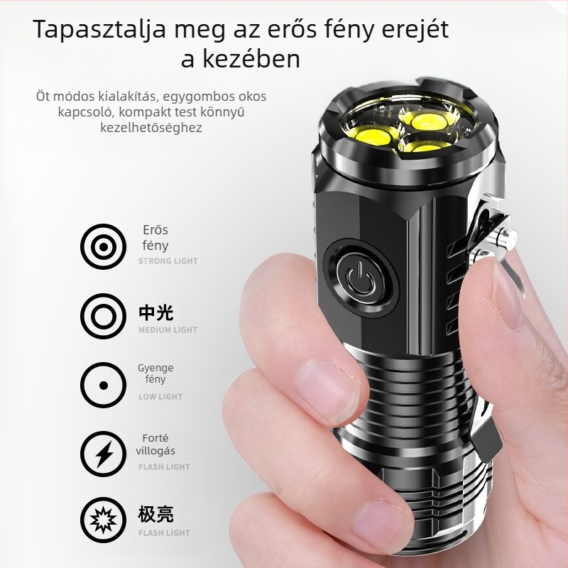 Three-eyed Monster zseblámpa – kézi hajtás, 2000mAh, 3.7V, LED + izzó, üzemidő 2 óra, sugár 100–200 m