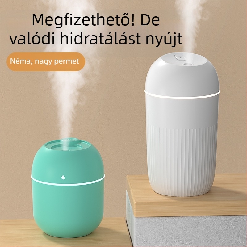 USB-s asztali párásító, csendes, hordozható, oszlopos kialakítás; 1 ködkimenet, 2–8 órás időzítő, alkalmas helyiségekben legfeljebb 10 m²