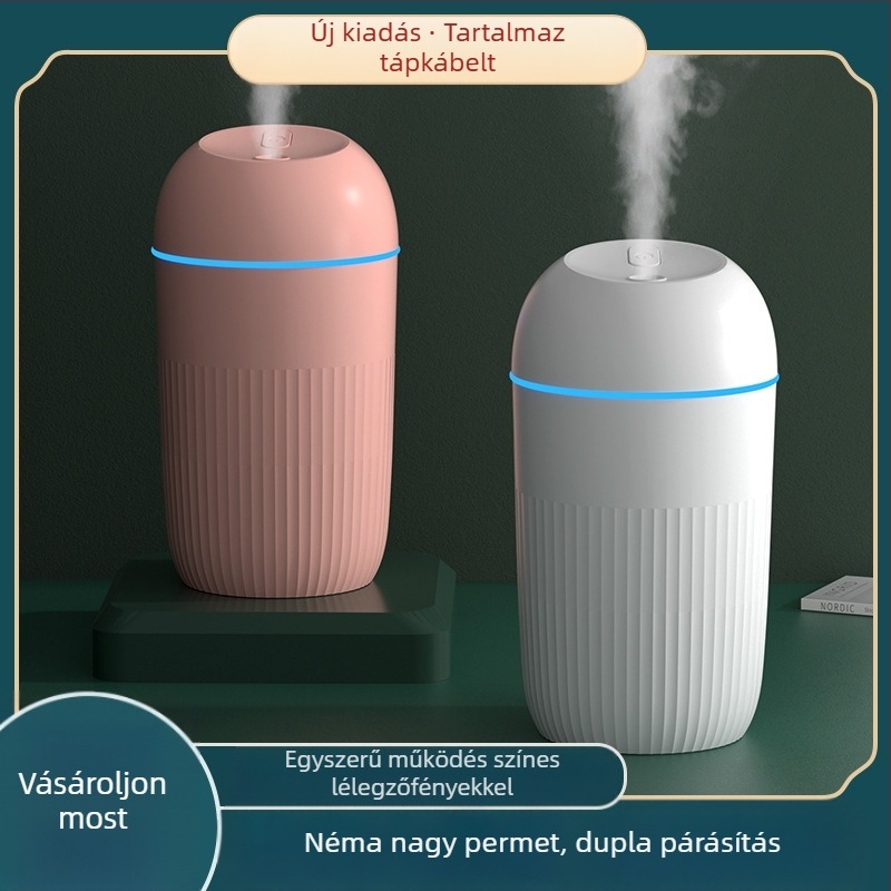 USB-s asztali párásító, csendes, hordozható, oszlopos kialakítás; 1 ködkimenet, 2–8 órás időzítő, alkalmas helyiségekben legfeljebb 10 m²